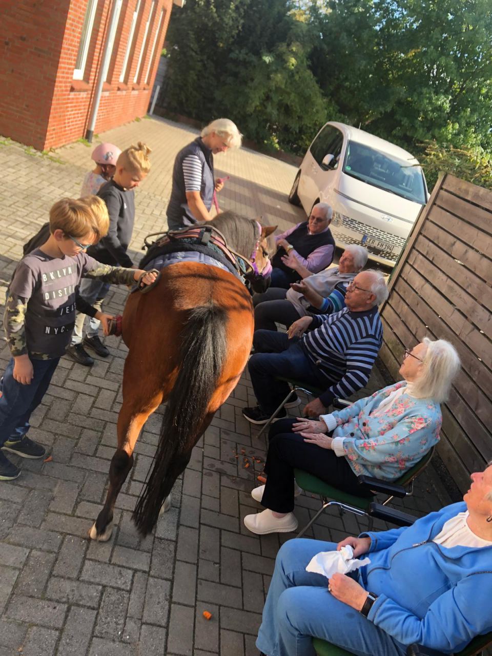 Kinder der Grundschule Völlenerfehn bürsten das Pony, unsere Gäste schauen von ihren Stühlen aus zu
