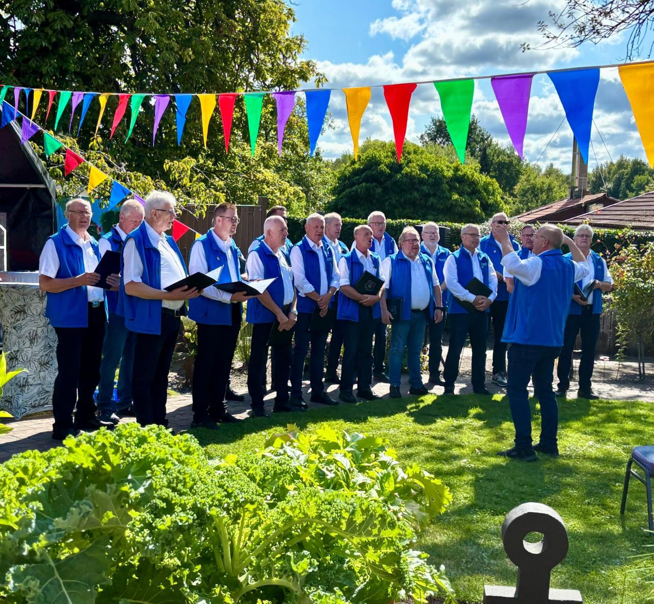 Der Männerchor Völlenerfehn singt beim Sommerfest im Garten, darüber bunte Wimpelketten